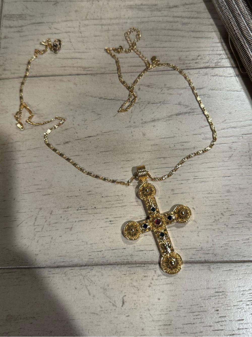 Gold-Tone Cross Pendant Necklace with Multicolored Stones
